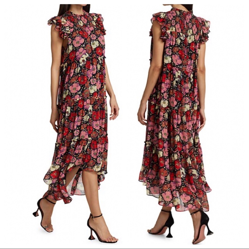 Cinq à Sept Floral Ruffle Dress - Red and Pink